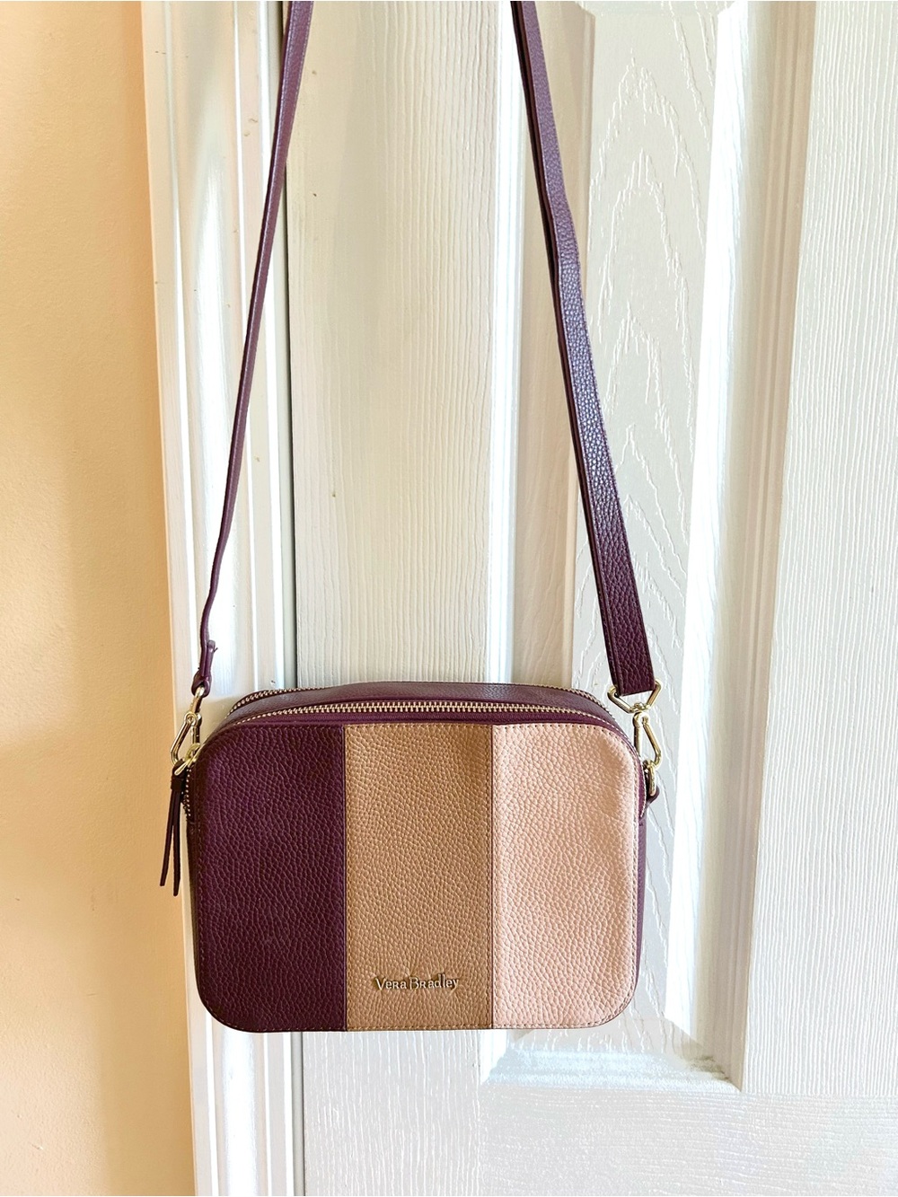 Vera Bradley Tri-Panel Leather Crossbody in Plum, Tan & Blush